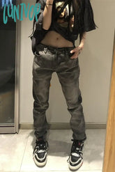 Lunivop Woman Jeans Denim Pants Wash Floor-Length Tie-Dyed Slim Daily Retro High Street Preppy